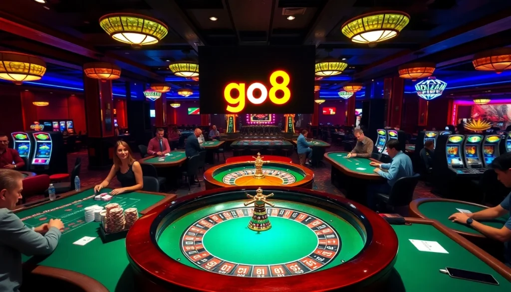 Experience the excitement of casino games at go8, featuring vibrant roulette wheels and eager players.