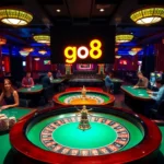 Experience the excitement of casino games at go8, featuring vibrant roulette wheels and eager players.