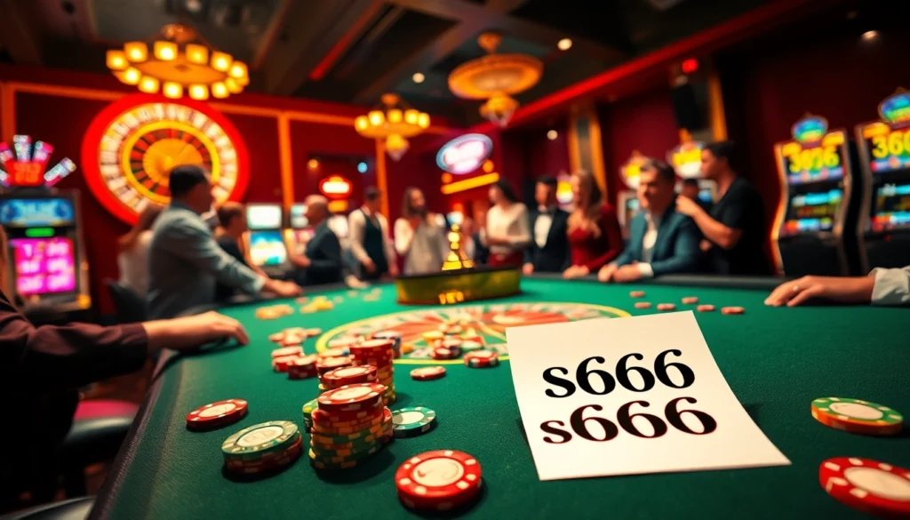 Players strategize at a lively poker table featuring s666 marked chips in a glamorous casino.