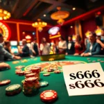 Players strategize at a lively poker table featuring s666 marked chips in a glamorous casino.