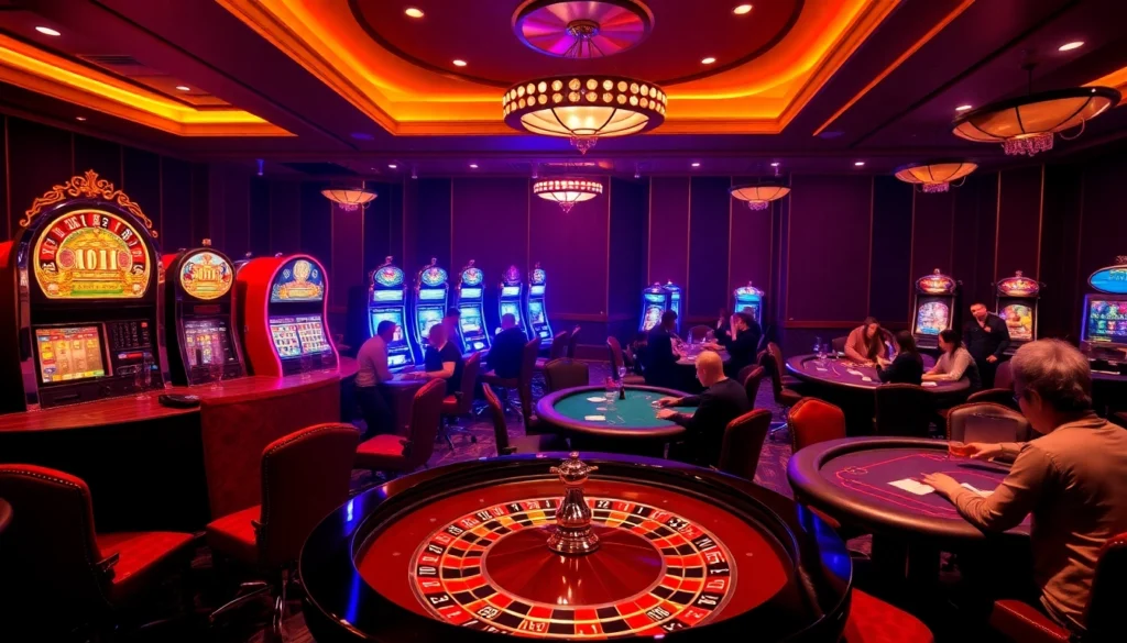 Experience the excitement of gambling at https://uu88kyc.com/, showcasing a vibrant casino scene with roulette and slot machines.