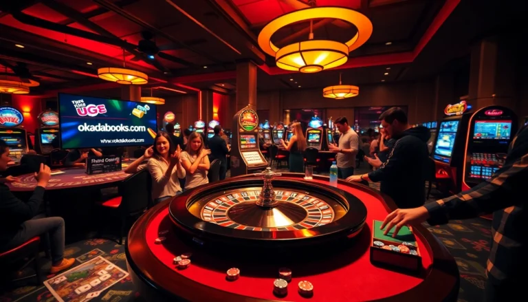 Players excitedly engaging with casino games at https://okadabooks.com/, featuring roulette and colorful chips.