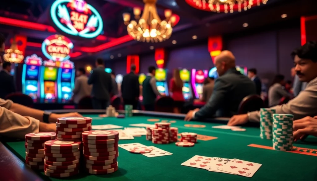 OKFUN excitement at a lively poker table with colorful chips and cards in action.
