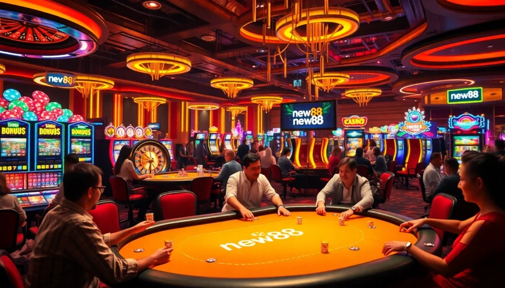 Experience the thrill of new88 at a poker table, where players celebrate big wins amidst vibrant casino lights and exciting atmosphere.