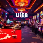 Experience the thrill of gambling at https://uu88.ngo/ with players focused on a poker game amidst colorful slot machines.