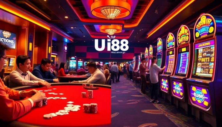 Experience the thrill of gambling at https://uu88.ngo/ with players focused on a poker game amidst colorful slot machines.