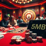 Players gather around a poker table in a vibrant casino, engaging in a high-stakes game with 5MB chips creatively placed.