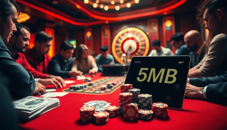 Players gather around a poker table in a vibrant casino, engaging in a high-stakes game with 5MB chips creatively placed.