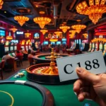 Experience the thrill of a bustling casino scene with C168-themed betting slips and vibrant games.