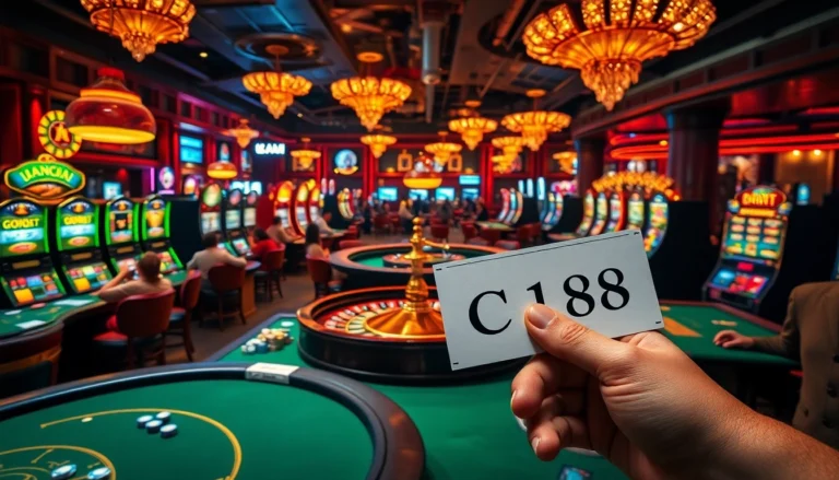 Experience the thrill of a bustling casino scene with C168-themed betting slips and vibrant games.