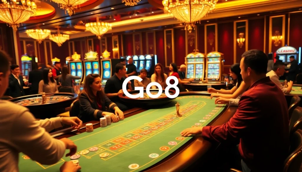 Go8 casino scene featuring players at a blackjack table with vibrant poker chips and roulette wheels.