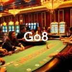 Go8 casino scene featuring players at a blackjack table with vibrant poker chips and roulette wheels.
