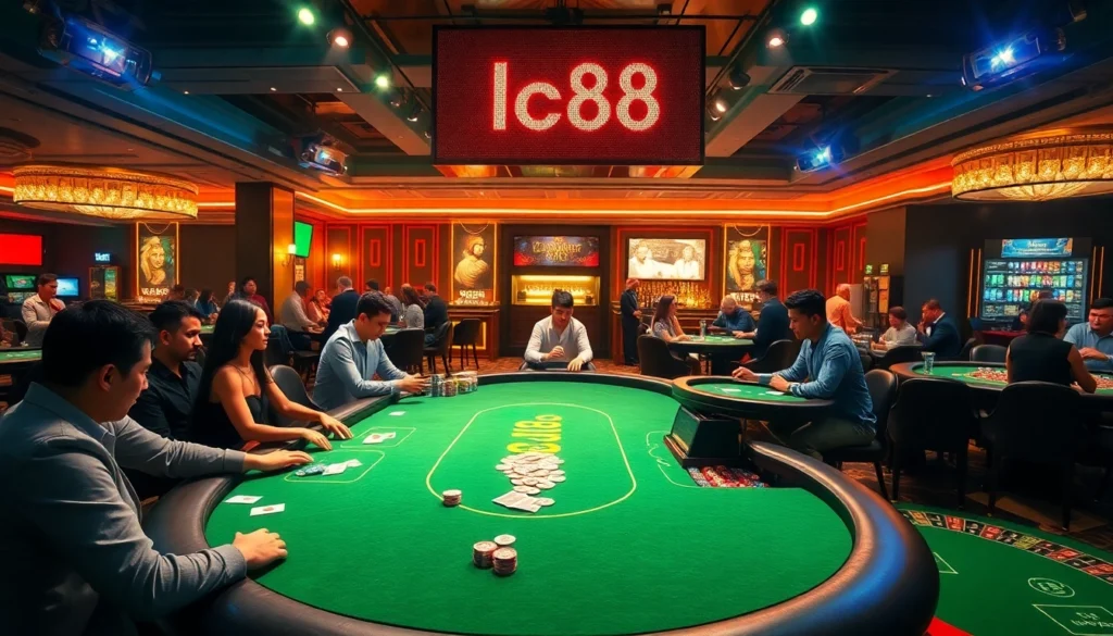 Experience the thrill of gambling at the lc88 casino with players enjoying roulette and poker games amidst a vibrant atmosphere.