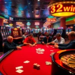 Experience the thrill of gambling at 32win with engaged players at a poker table.