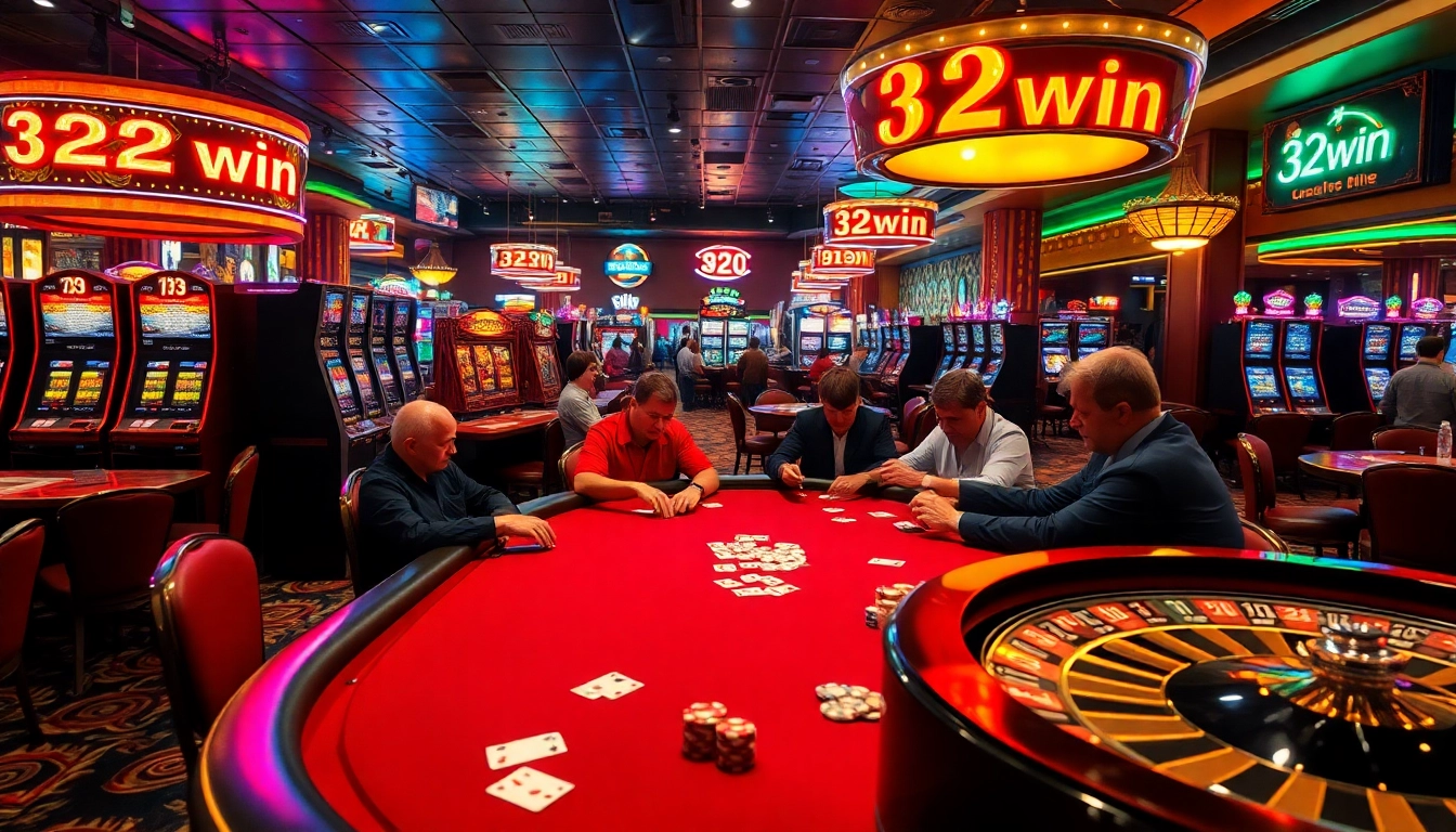 Experience the thrill of gambling at 32win with engaged players at a poker table.