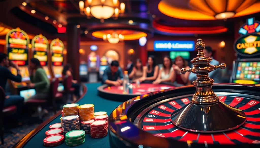 Luck8 casino players at a roulette table celebrating their big wins, showcasing vibrant poker chips and thrills of live betting.