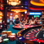 Luck8 casino players at a roulette table celebrating their big wins, showcasing vibrant poker chips and thrills of live betting.