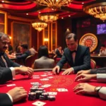Players enjoying an intense poker game at a lavish casino, emphasizing the excitement of f88 bet.