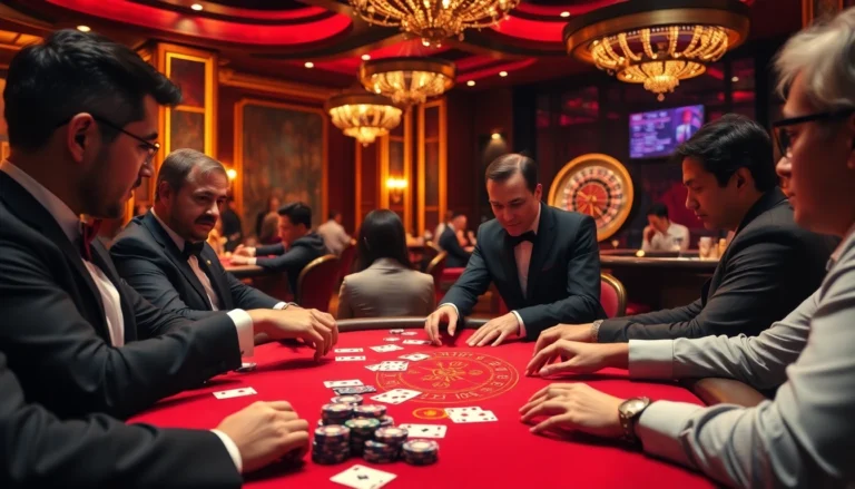 Players enjoying an intense poker game at a lavish casino, emphasizing the excitement of f88 bet.