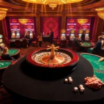 Exciting uu88 gambling scene featuring roulette, poker, and vibrant slot machines.