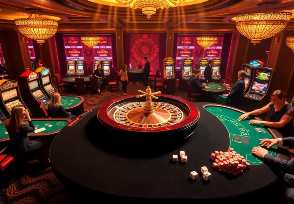 Exciting uu88 gambling scene featuring roulette, poker, and vibrant slot machines.