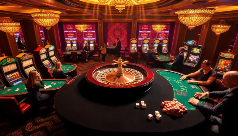 Exciting uu88 gambling scene featuring roulette, poker, and vibrant slot machines.