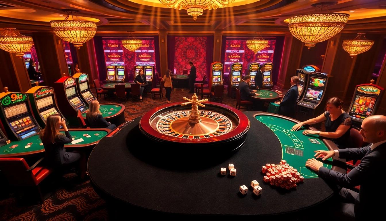 Exciting uu88 gambling scene featuring roulette, poker, and vibrant slot machines.