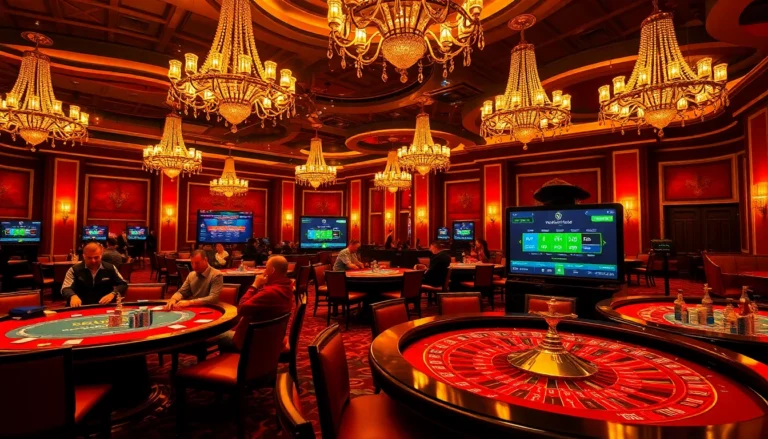 Experience the thrill of new88 with players enjoying blackjack and roulette in a luxurious casino setting filled with excitement.