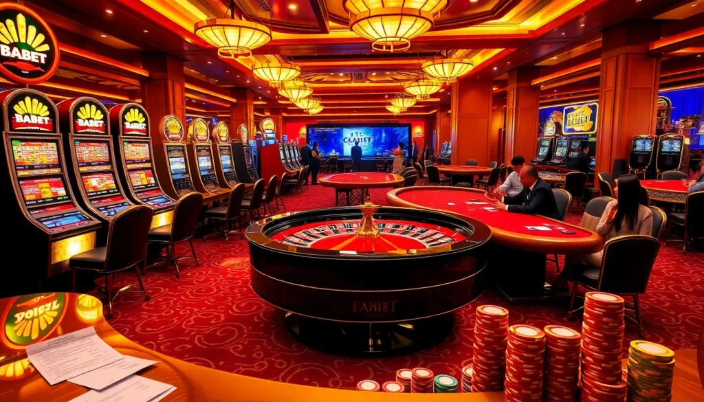 Players enjoying f88 bet at a lively casino with slot machines and poker games.
