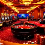 Players enjoying f88 bet at a lively casino with slot machines and poker games.