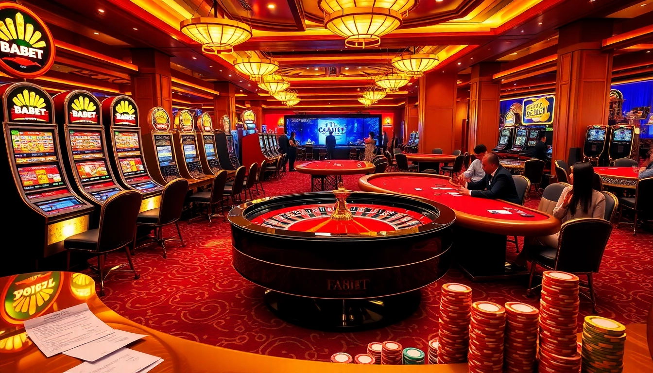 Players enjoying f88 bet at a lively casino with slot machines and poker games.