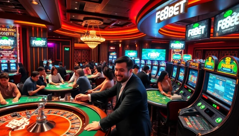 F8BET casino scene with players joyfully engaging in table games, slot machines, and roulette.