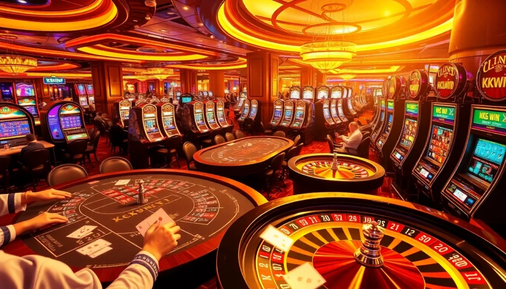 Experience the excitement of kkwin with players at a vibrant casino table and spinning roulette wheels.