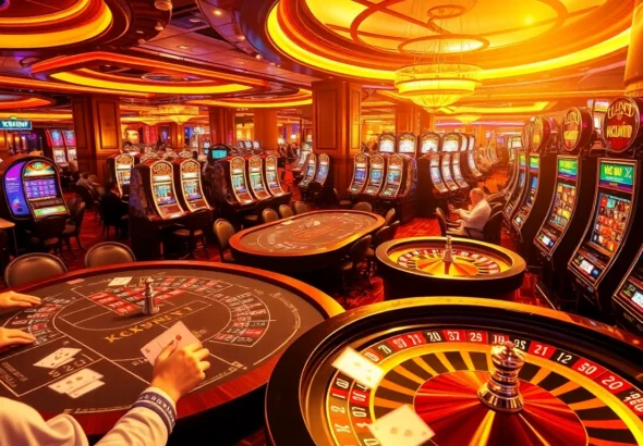 Experience the excitement of kkwin with players at a vibrant casino table and spinning roulette wheels.