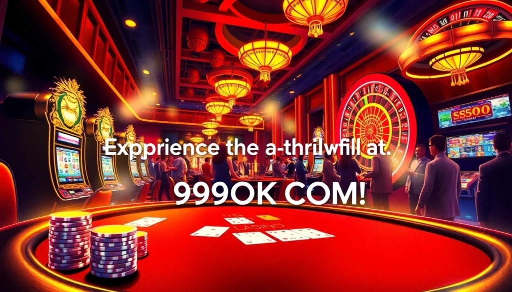 99OK COM Casino experience with players excitedly engaging in poker and slot games.