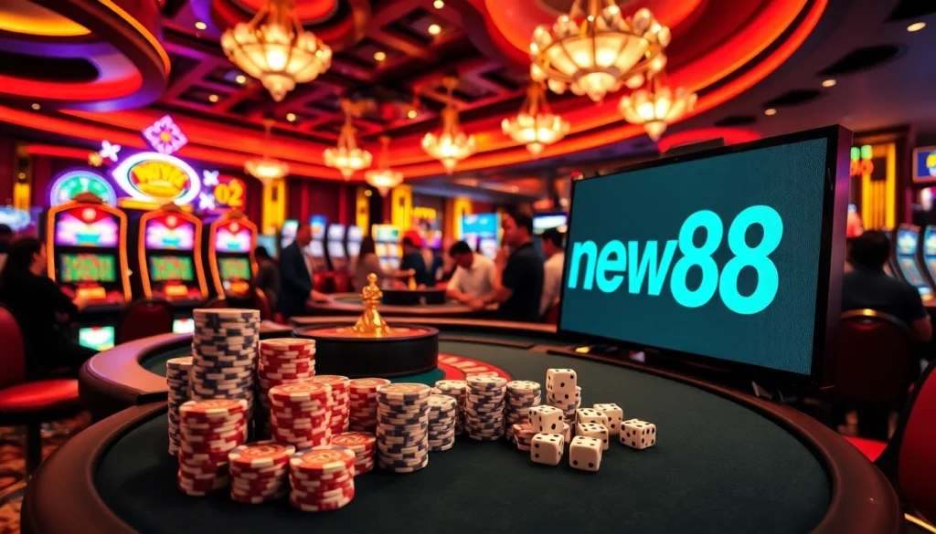Engage in high-stakes gaming at new88, showcasing vibrant slot machines and enthusiastic players in a dynamic casino setting.