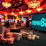 Engage in high-stakes gaming at new88, showcasing vibrant slot machines and enthusiastic players in a dynamic casino setting.