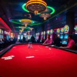 Experience the thrill at New88's casino, featuring vibrant slot machines and eager players at the blackjack table.