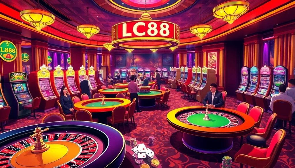 LC88 Casino interior with vibrant tables, poker chips, and lively players enjoying thrilling games.