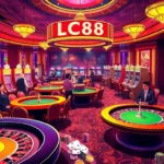 LC88 Casino interior with vibrant tables, poker chips, and lively players enjoying thrilling games.