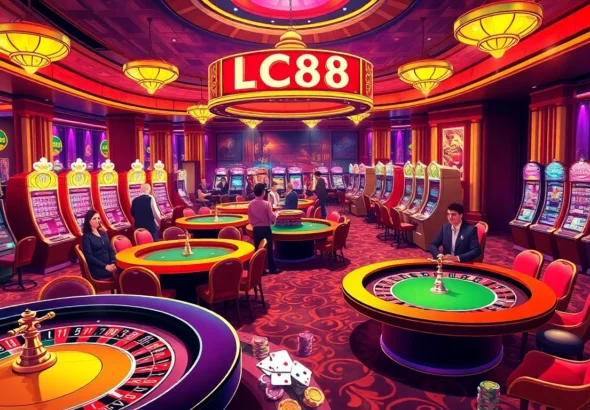 LC88 Casino interior with vibrant tables, poker chips, and lively players enjoying thrilling games.