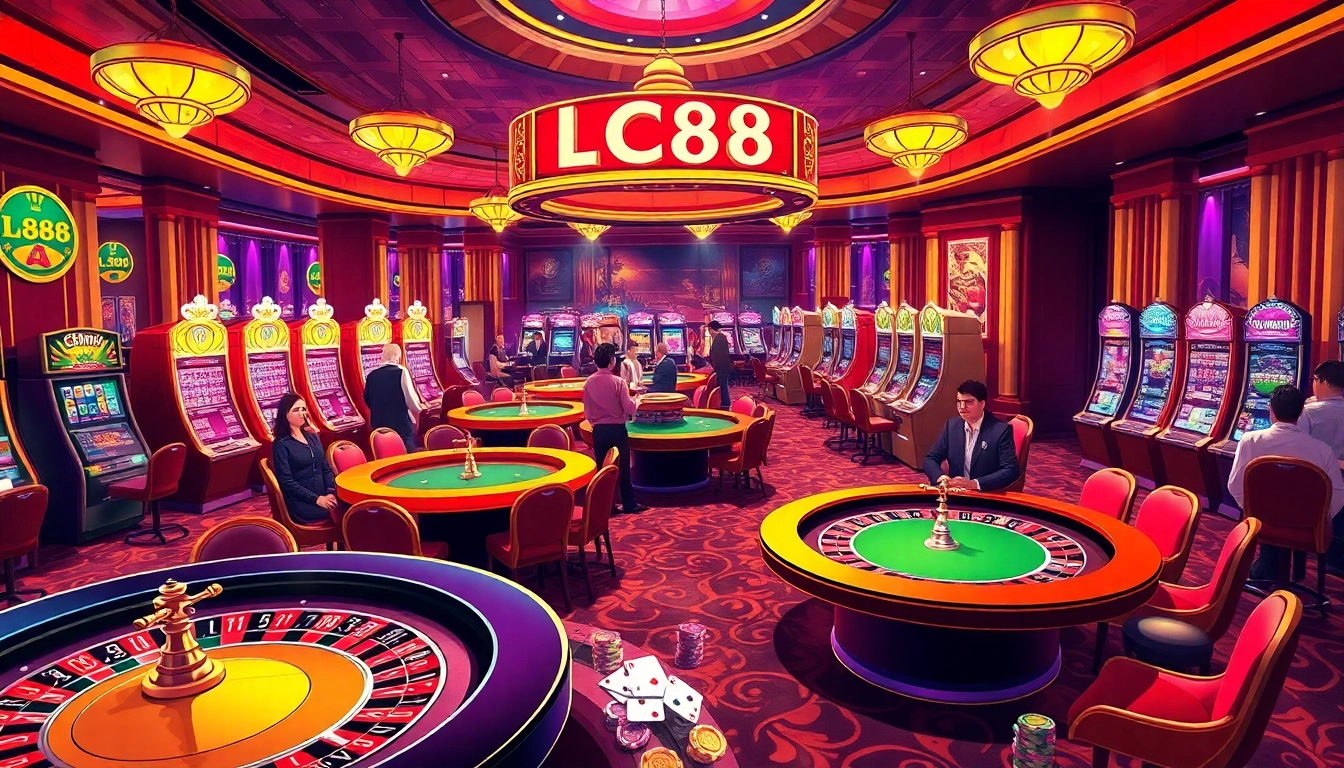 LC88 Casino interior with vibrant tables, poker chips, and lively players enjoying thrilling games.